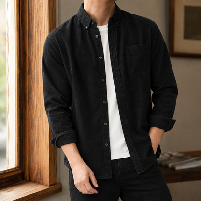 Men's textured overshirt displayed with its front buttons and long sleeves