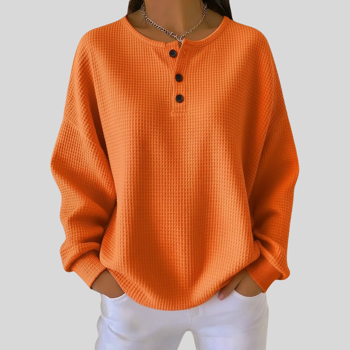 Damen Waffelstrick Henley Knit Sweater Langarm Oversize Pullover