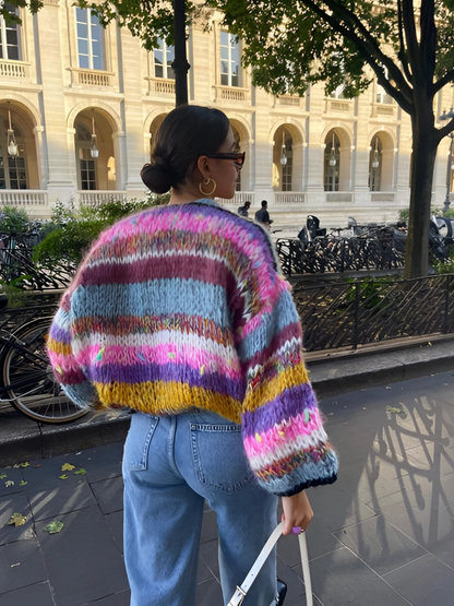 Patchwork Strickjacke für Damen | Lange Puffärmel