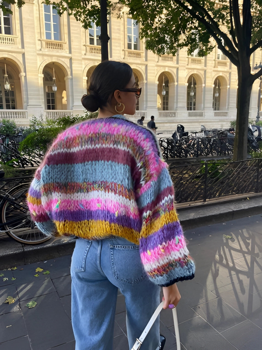 Patchwork Strickjacke für Damen | Lange Puffärmel