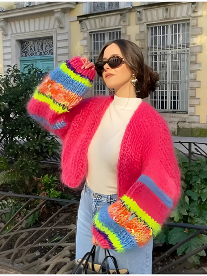 Patchwork Strickjacke für Damen | Lange Puffärmel