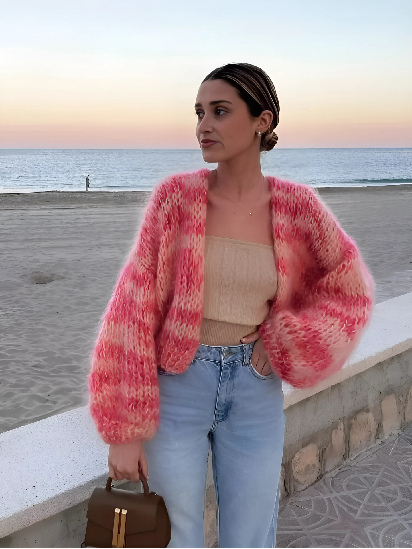 Patchwork Strickjacke für Damen | Lange Puffärmel