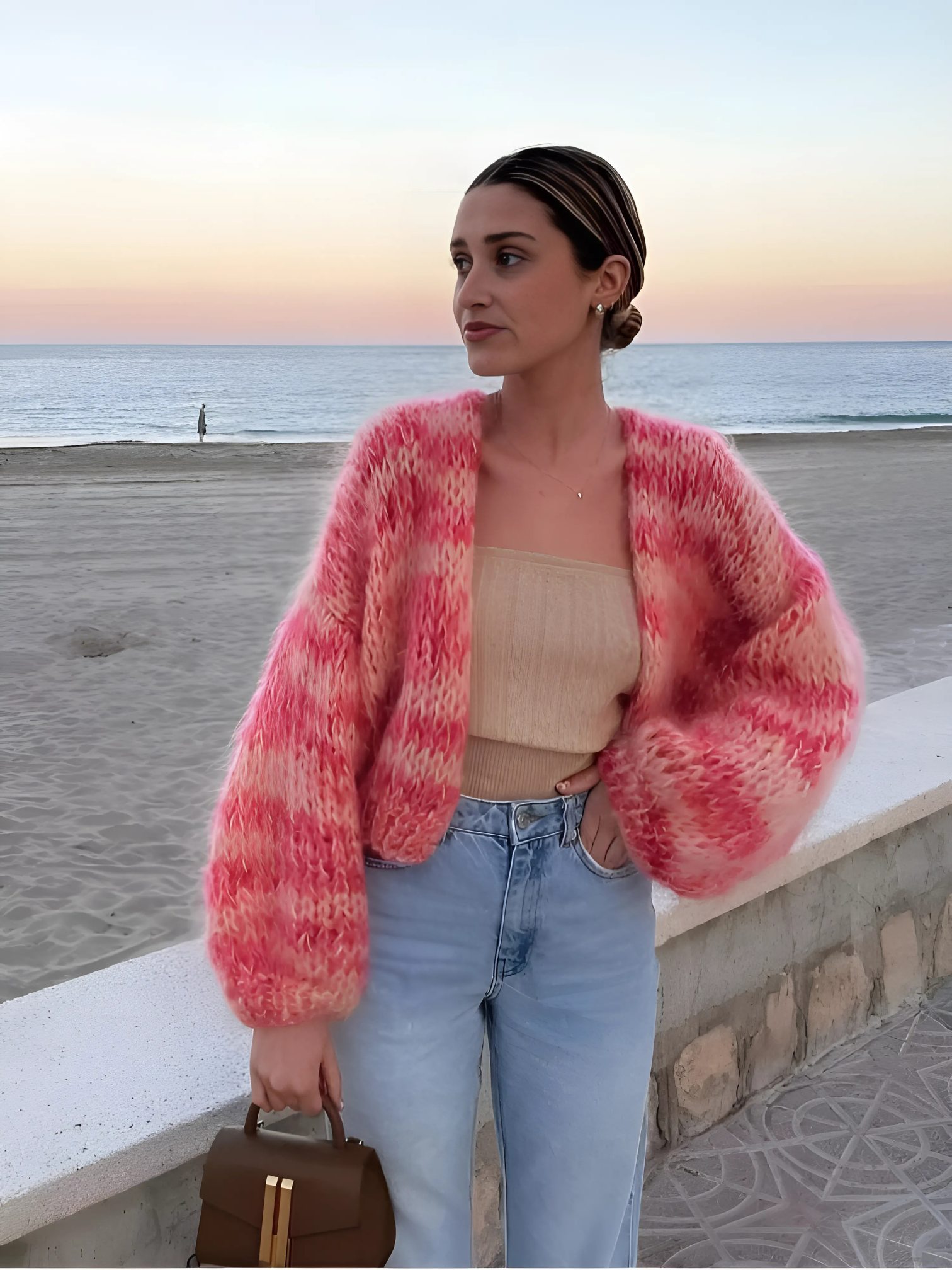 Patchwork Strickjacke für Damen | Lange Puffärmel