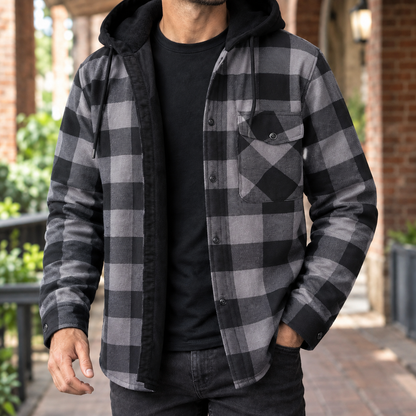 Close-up of the brushed denim texture and plaid pattern