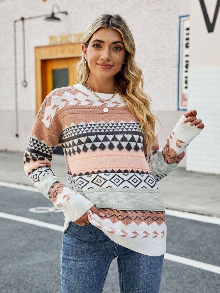 Pullover Damen | Ethno-Muster & Rundhals