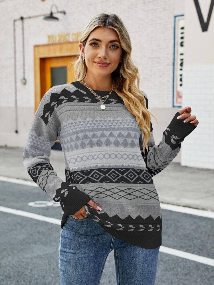 Pullover Damen | Ethno-Muster & Rundhals