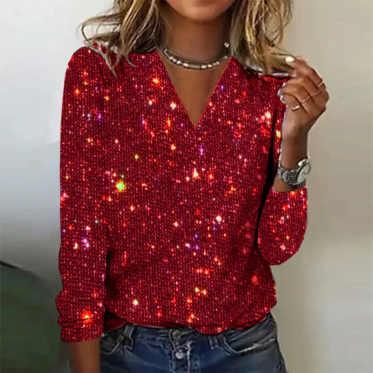 Pullover Damen | Glitzer-Optik & V-Ausschnitt
