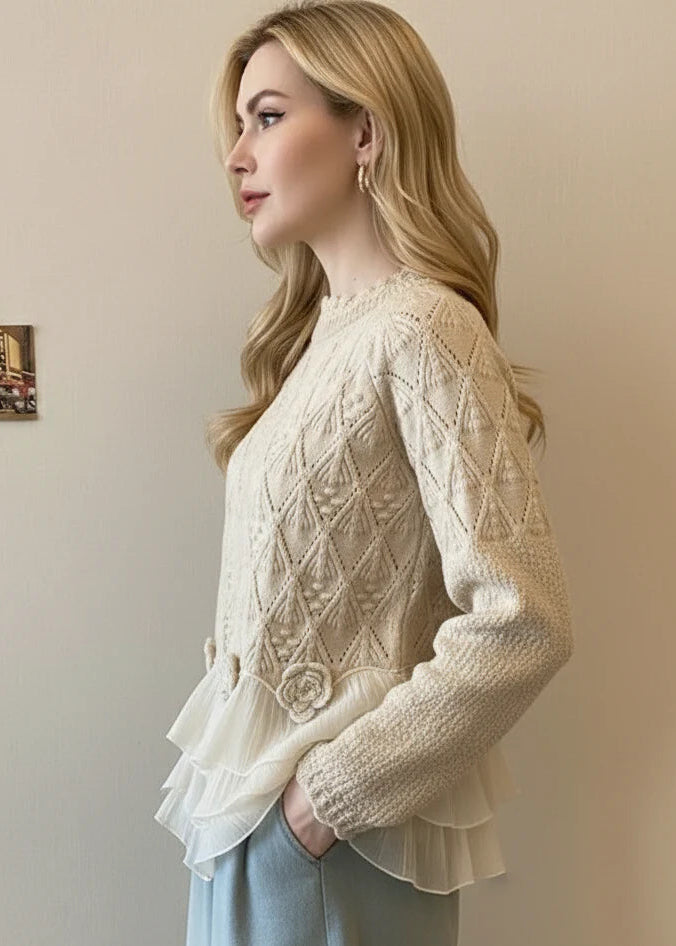 Pullover Damen | Rundhals & Volant-Saum