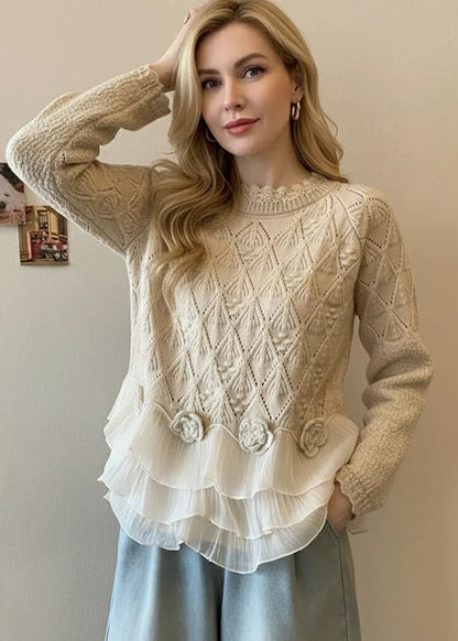 Pullover Damen | Rundhals & Volant-Saum
