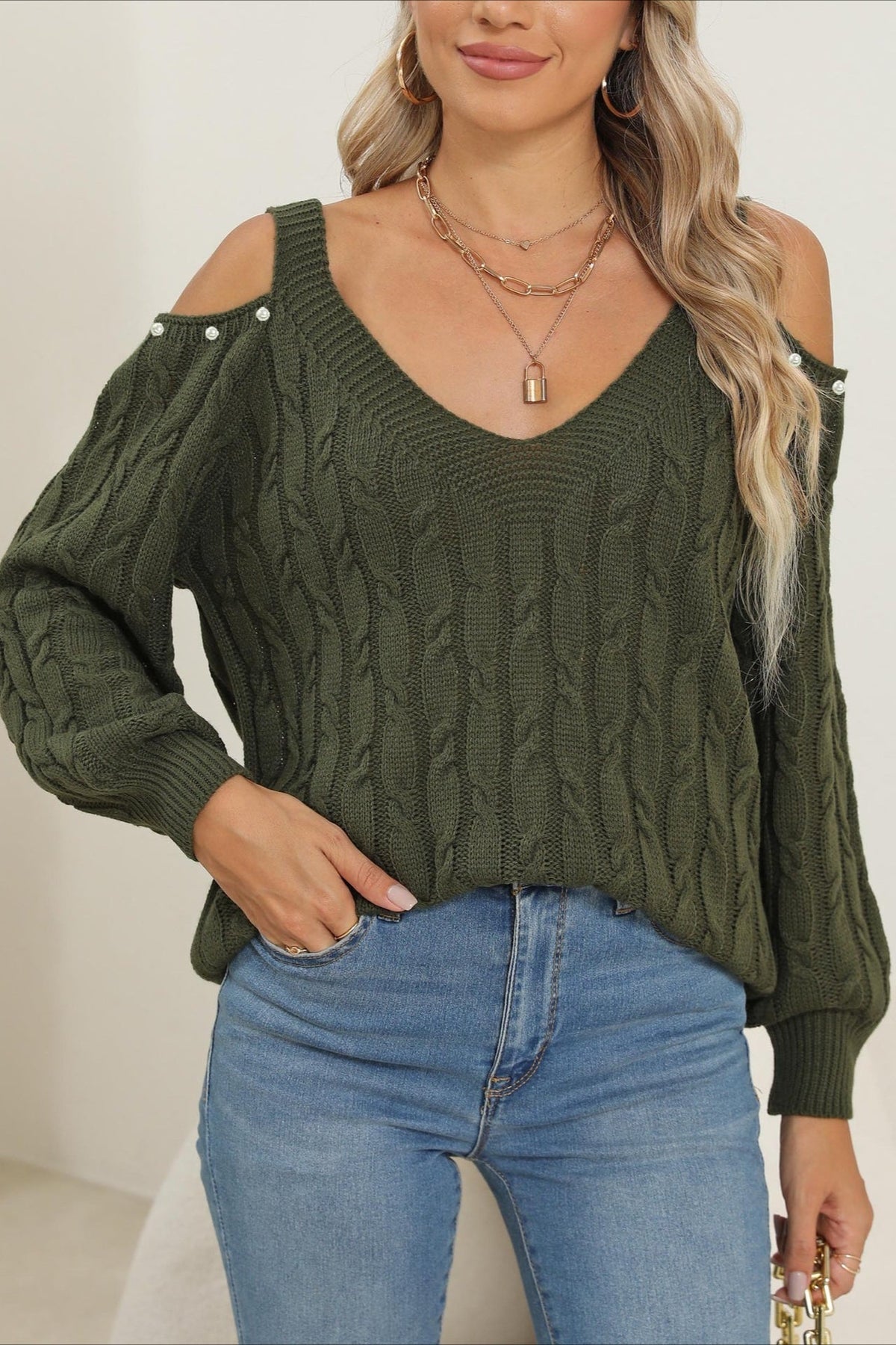 Pullover Damen | Schulterfreier V-Kragen mit Perlen-Detail