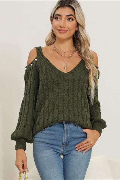 Pullover Damen | Schulterfreier V-Kragen mit Perlen-Detail