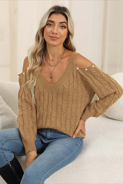 Pullover Damen | Schulterfreier V-Kragen mit Perlen-Detail