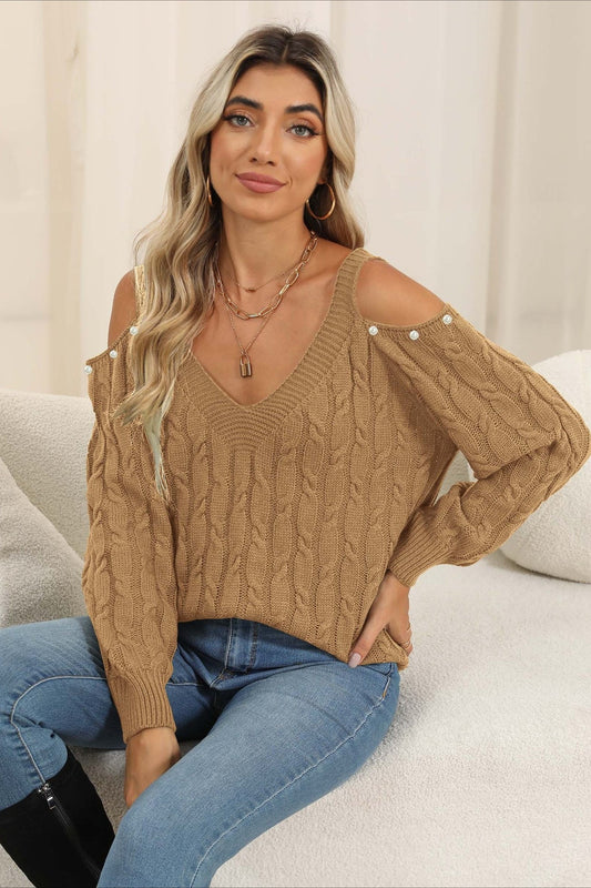 Pullover Damen | Schulterfreier V-Kragen mit Perlen-Detail