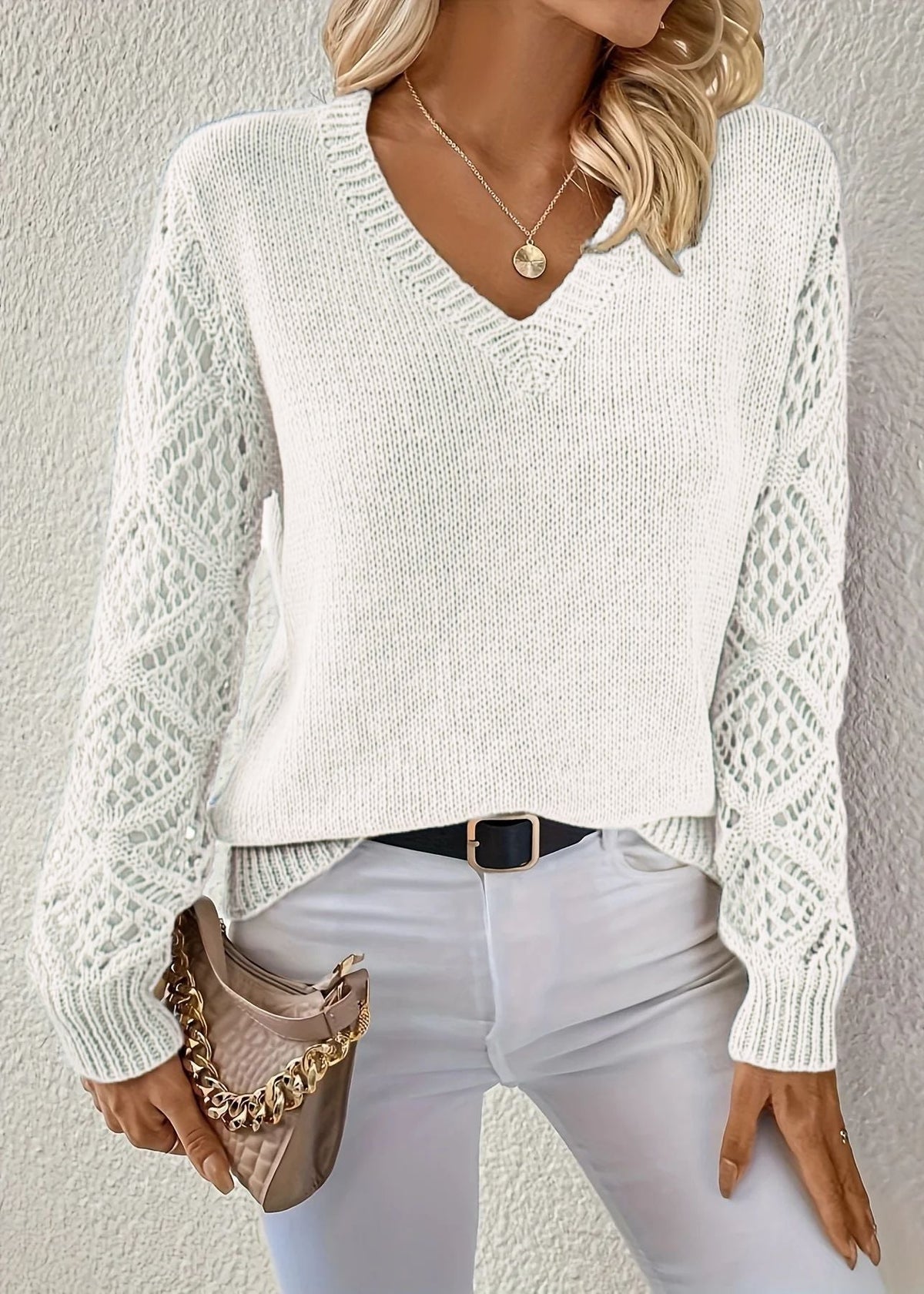 Pullover Damen | V-Ausschnitt & Ajour-Ärmel