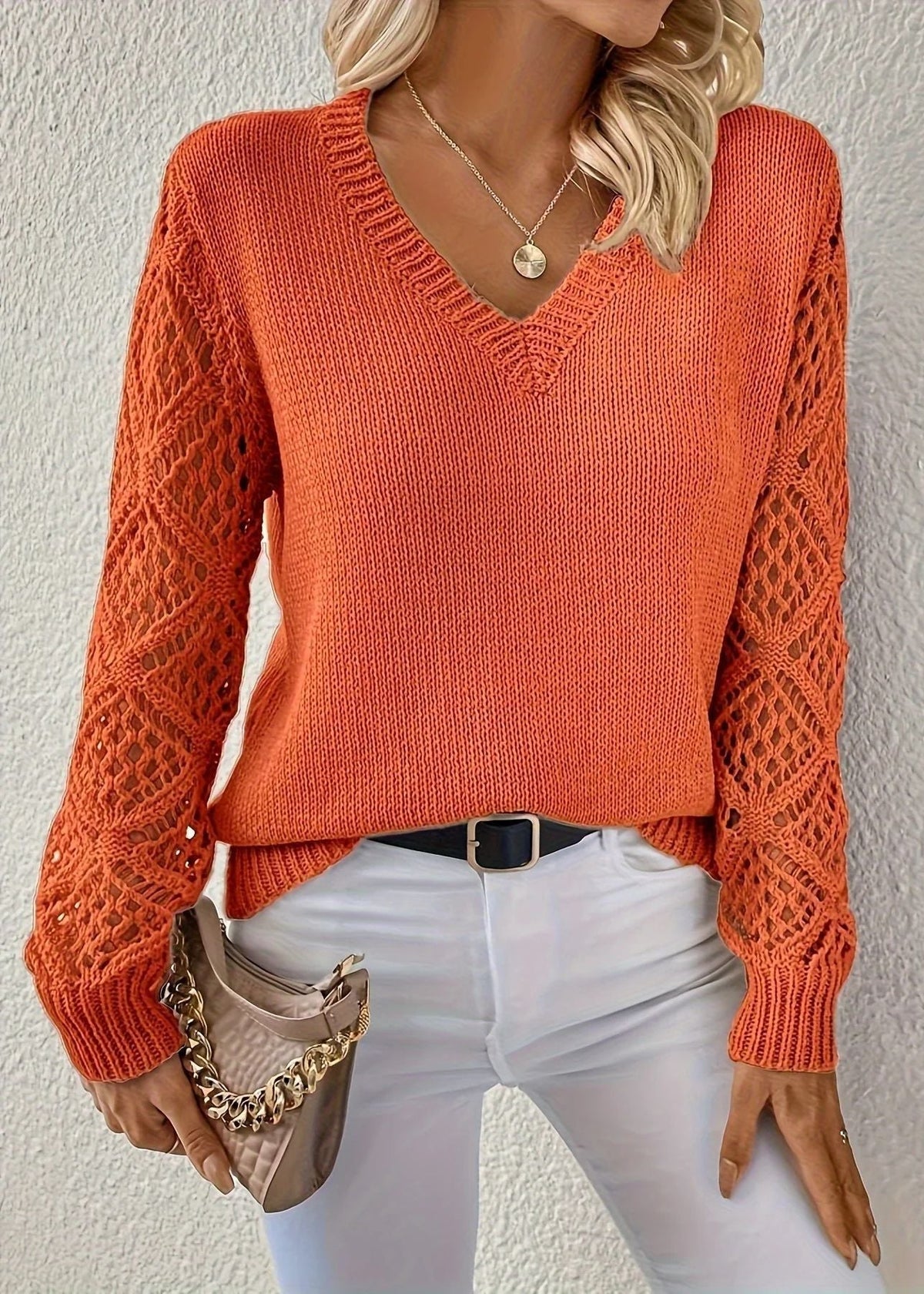 Pullover Damen | V-Ausschnitt & Ajour-Ärmel