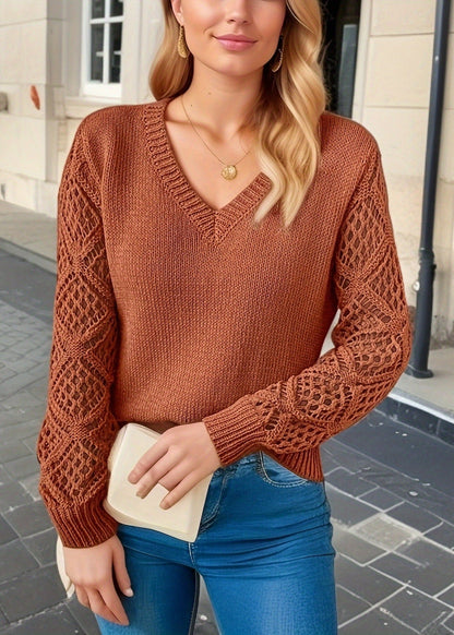 Pullover Damen | V-Ausschnitt & Ajour-Ärmel