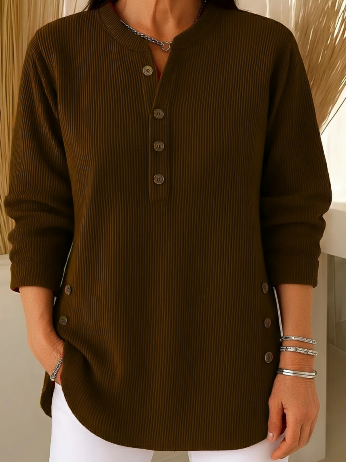 Pullover Damen mit Knopfleiste | Geripptes Tunika-Design