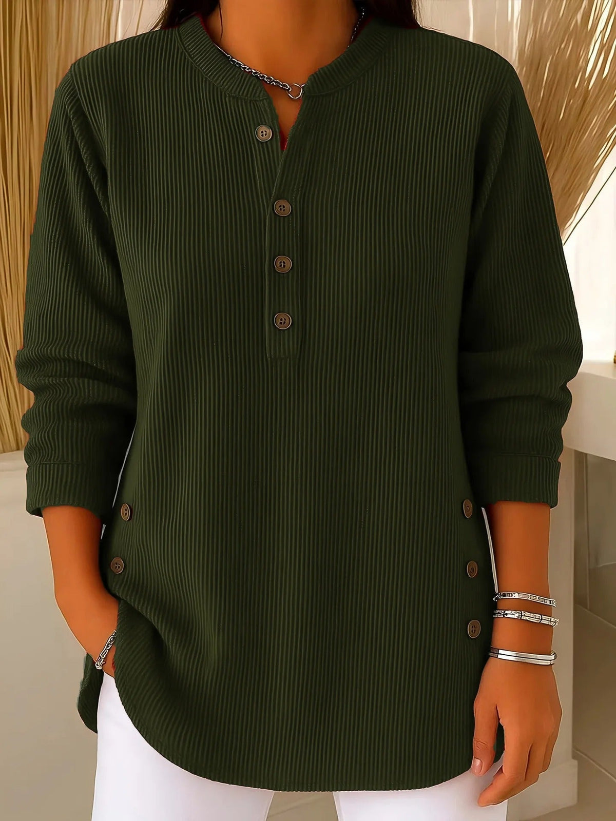 Pullover Damen mit Knopfleiste | Geripptes Tunika-Design