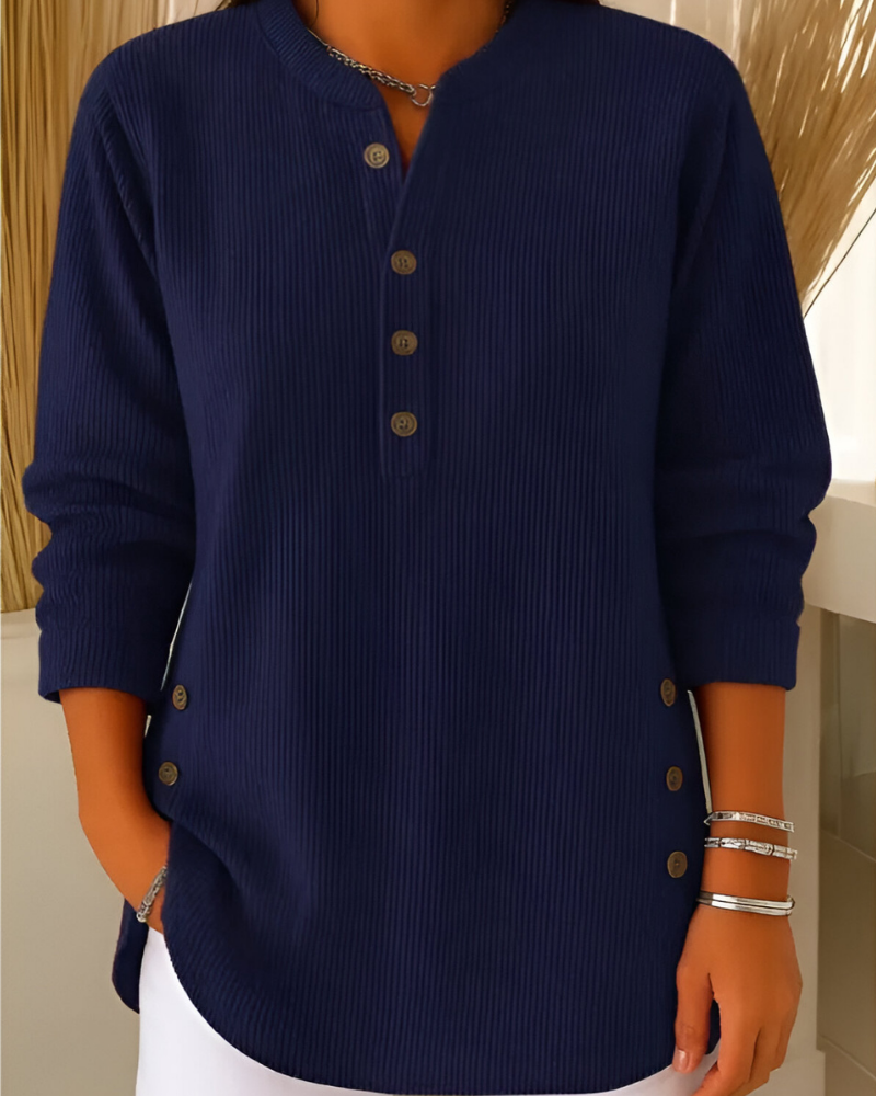 Pullover Damen mit Knopfleiste | Ripp-Optik & Longshirt-Schnitt