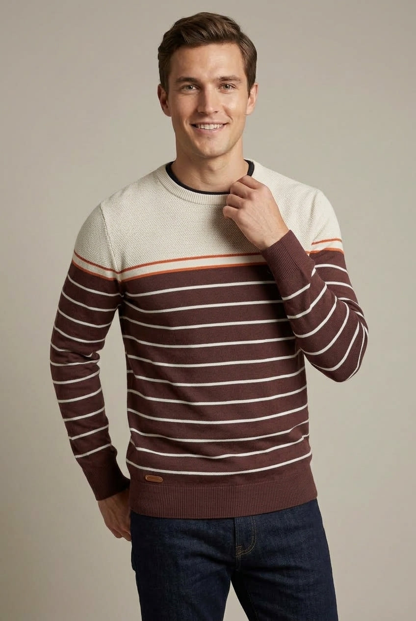 Side view of a men's striped crew-neck sweater