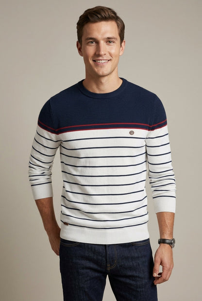 Front view of a men's striped crew-neck sweater