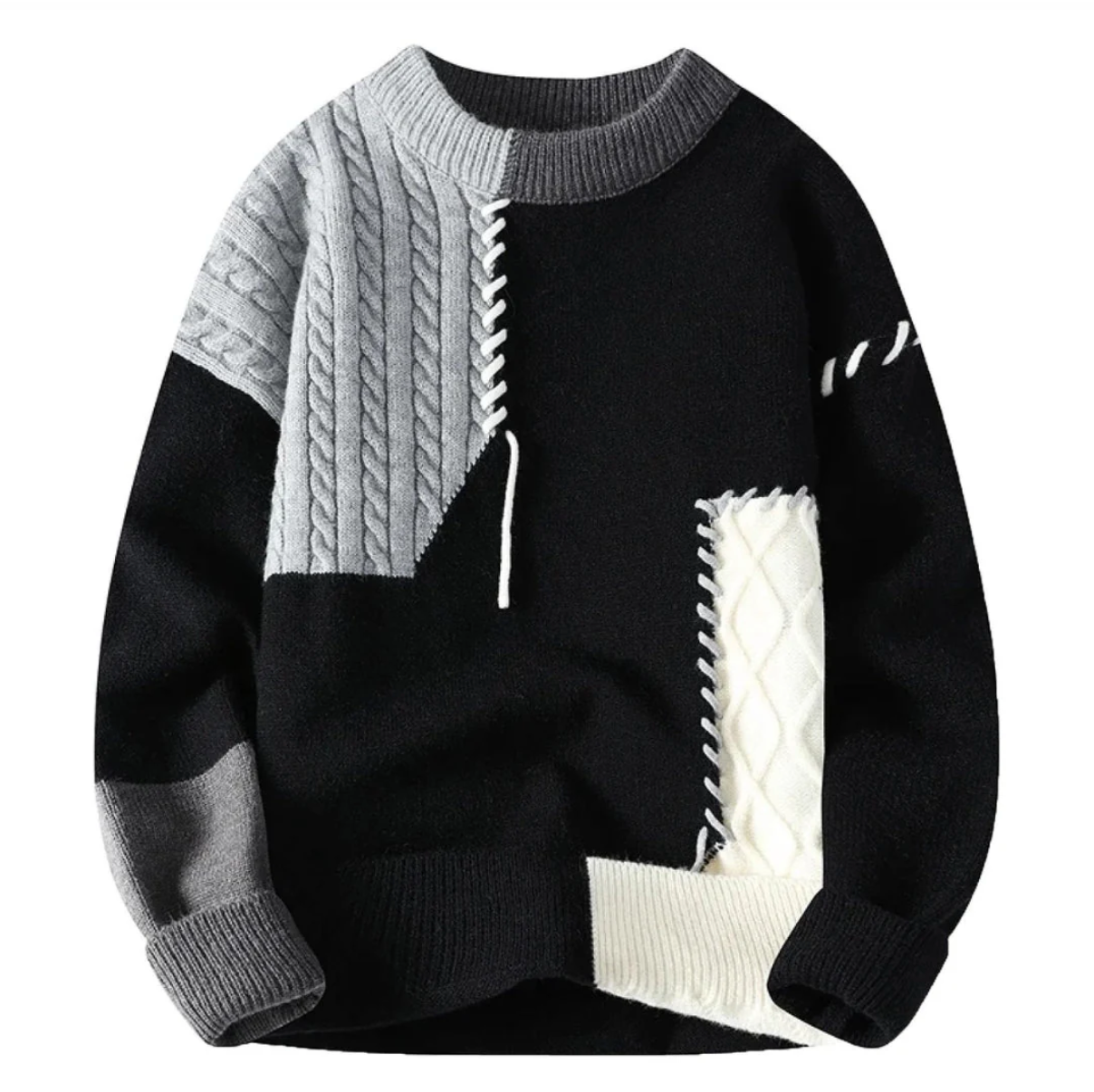Pullover Herren im Patchwork-Look | Zopfmuster & Rundhals