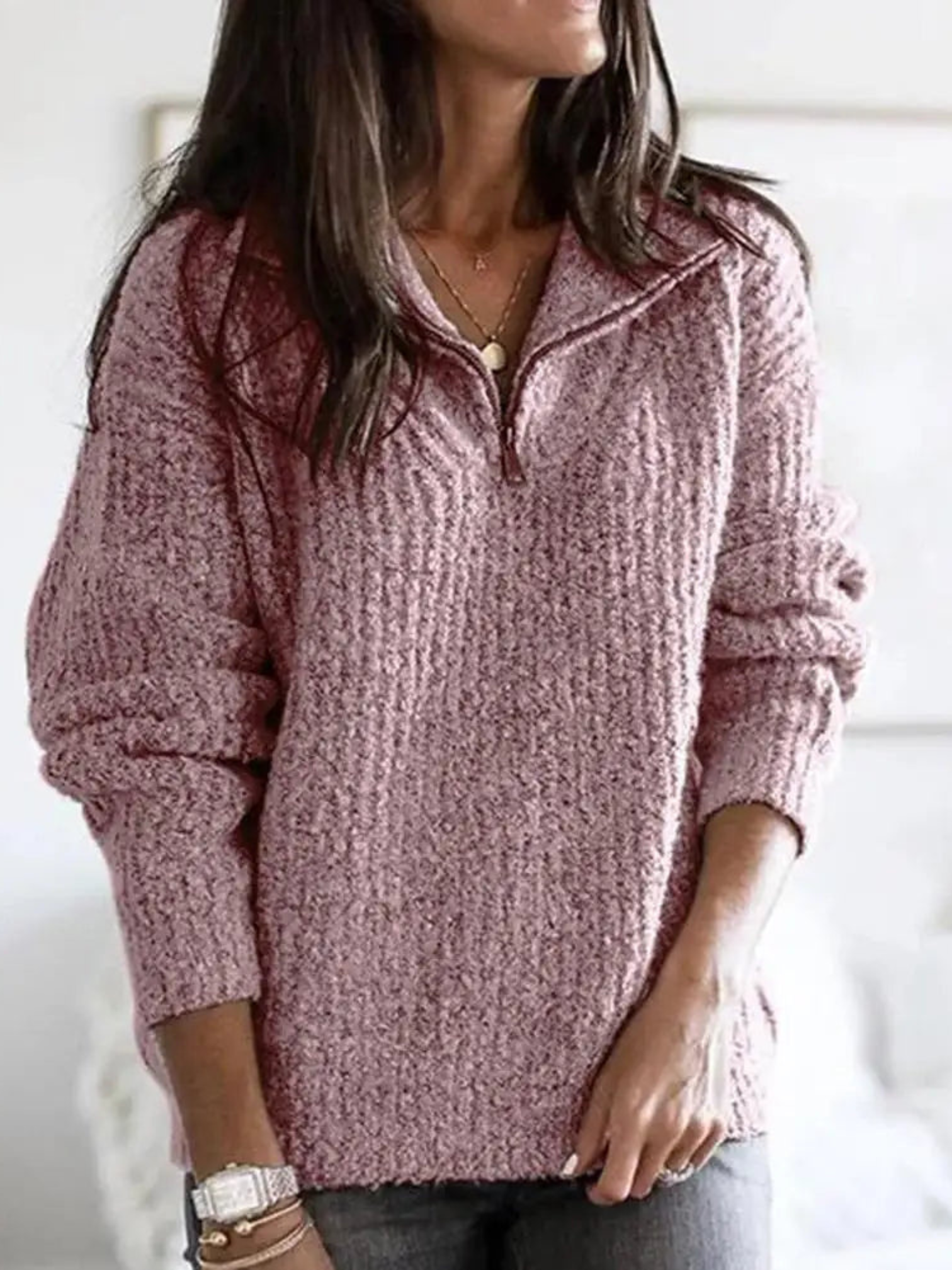 Pullover mit halbem Reißverschluss für Damen | Lockere Passform