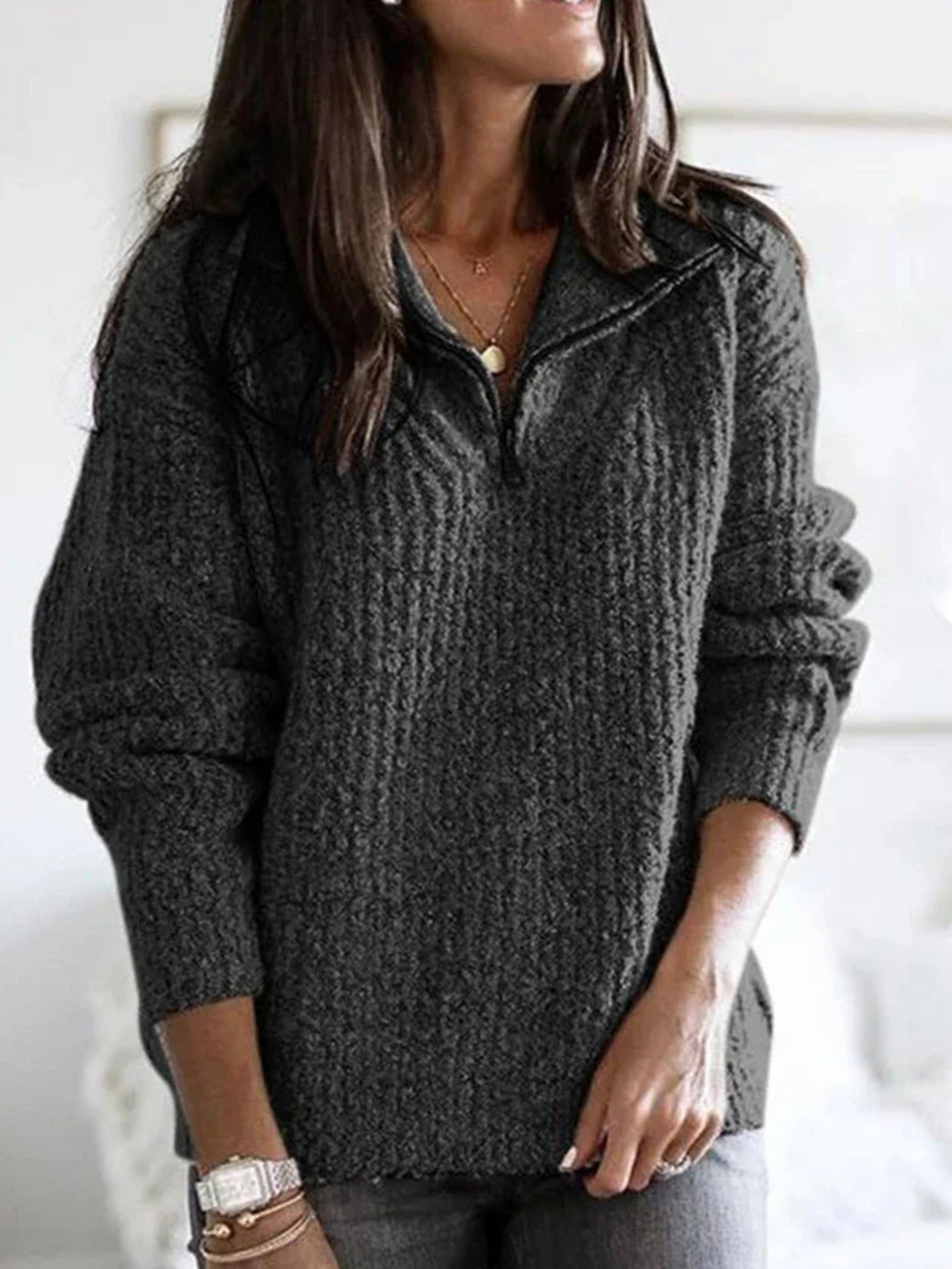 Pullover mit halbem Reißverschluss für Damen | Lockere Passform
