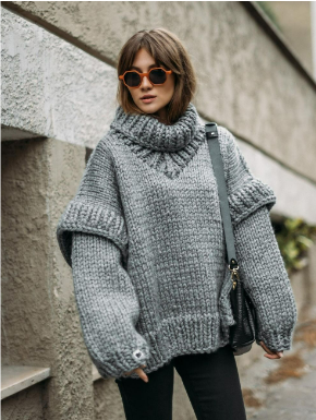 Damen Oversize Strickpullover Rundhals Strick Pulli 2