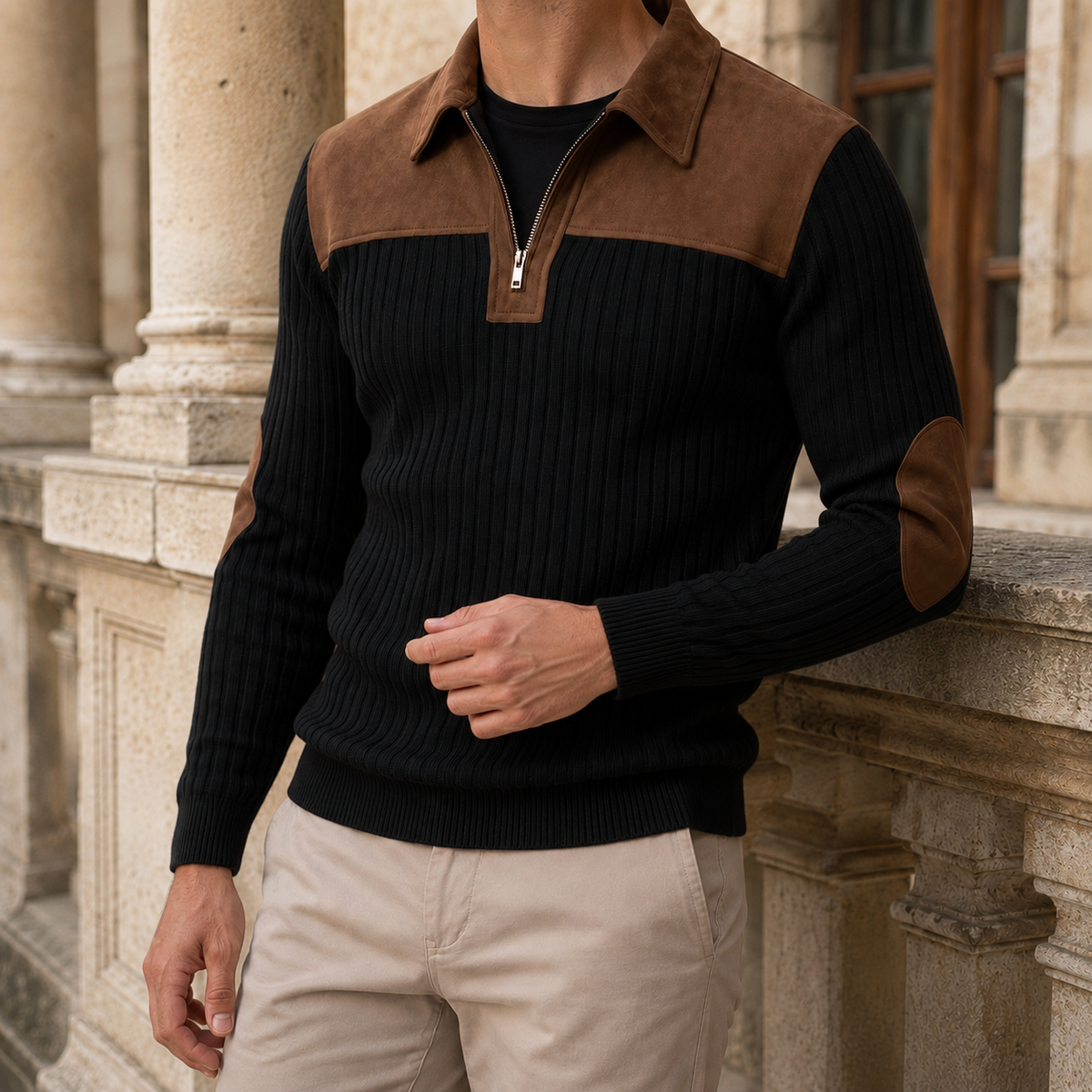 Men's sweater shown from the side with quarter-zip neckline