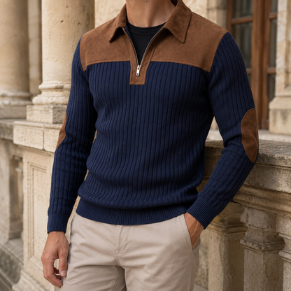 Men's quarter-zip sweater with elbow patches shown from the front