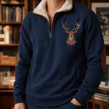 Side view of the men's quarter zip sweater with fleece collar
