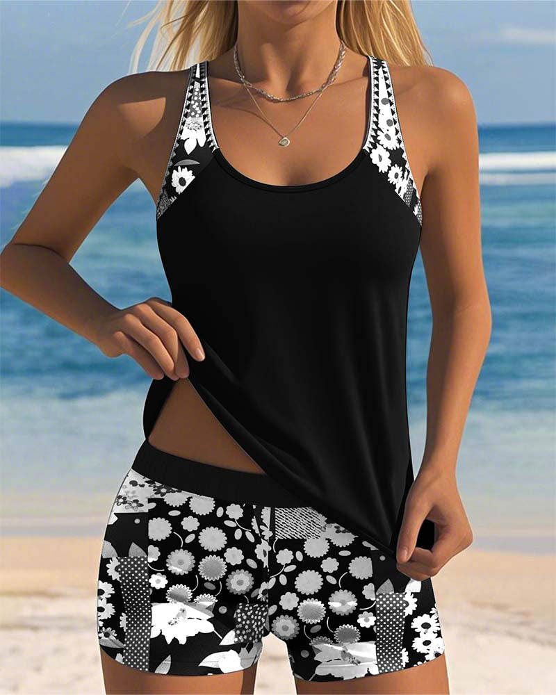 Tankini Set Damen | Sportlicher Zweiteiler mit Blumenprint