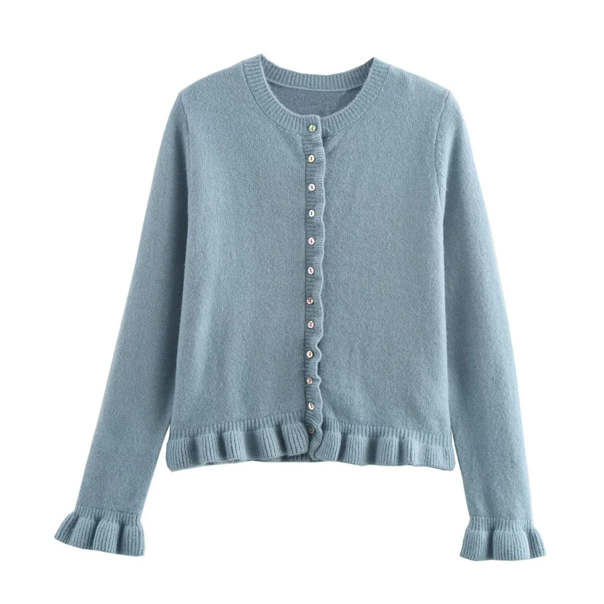 Rüschenbesetzter Damen-Cardigan mit Knöpfen, schickes Lagen-Oberteil 0