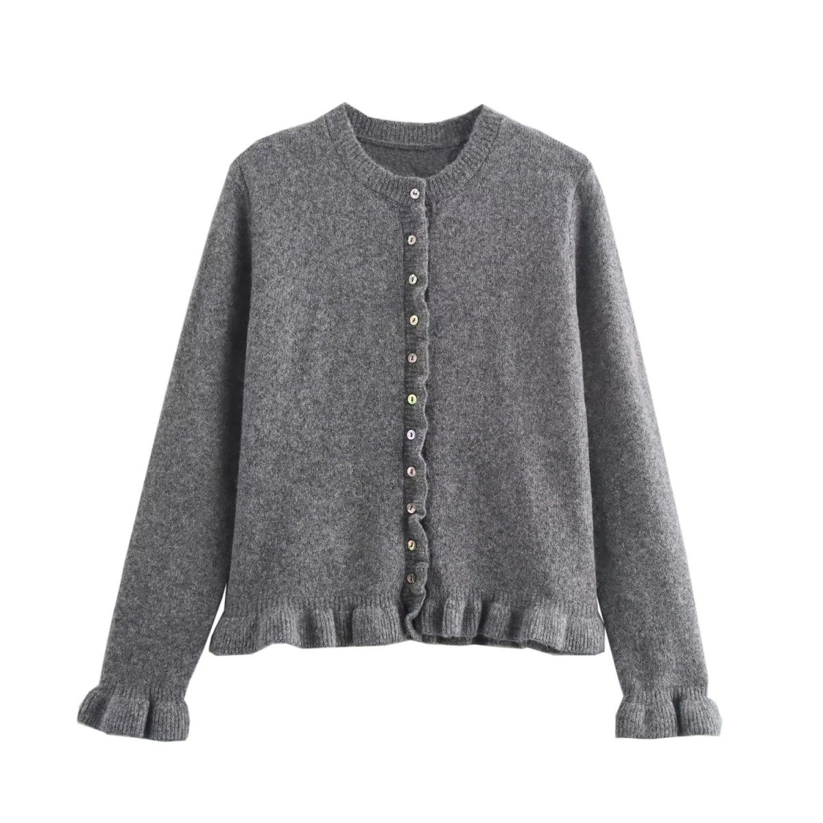 Rüschenbesetzter Damen-Cardigan mit Knöpfen, schickes Lagen-Oberteil 1