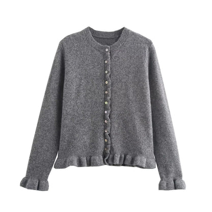 Rüschenbesetzter Damen-Cardigan mit Knöpfen, schickes Lagen-Oberteil 1