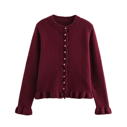 Rüschenbesetzter Damen-Cardigan mit Knöpfen, schickes Lagen-Oberteil 2