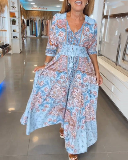 Maxikleid Damen | Boho-Print mit Taillierung & Quastendetail
