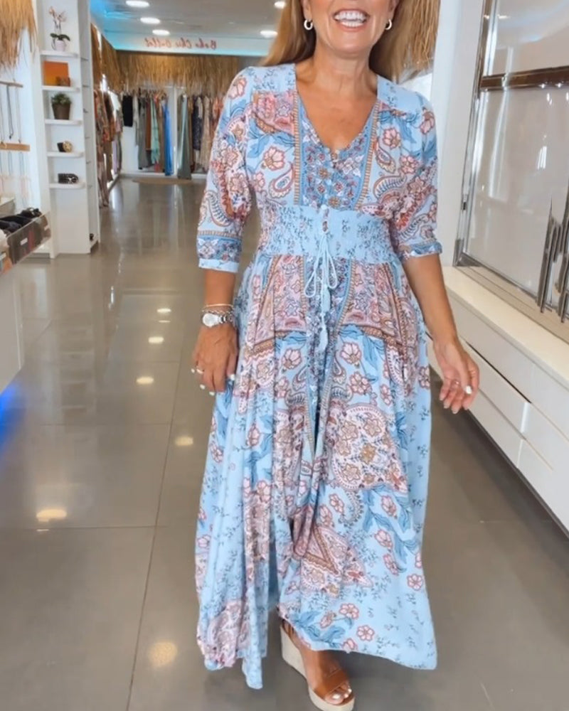 Maxikleid Damen | Boho-Print mit Taillierung & Quastendetail