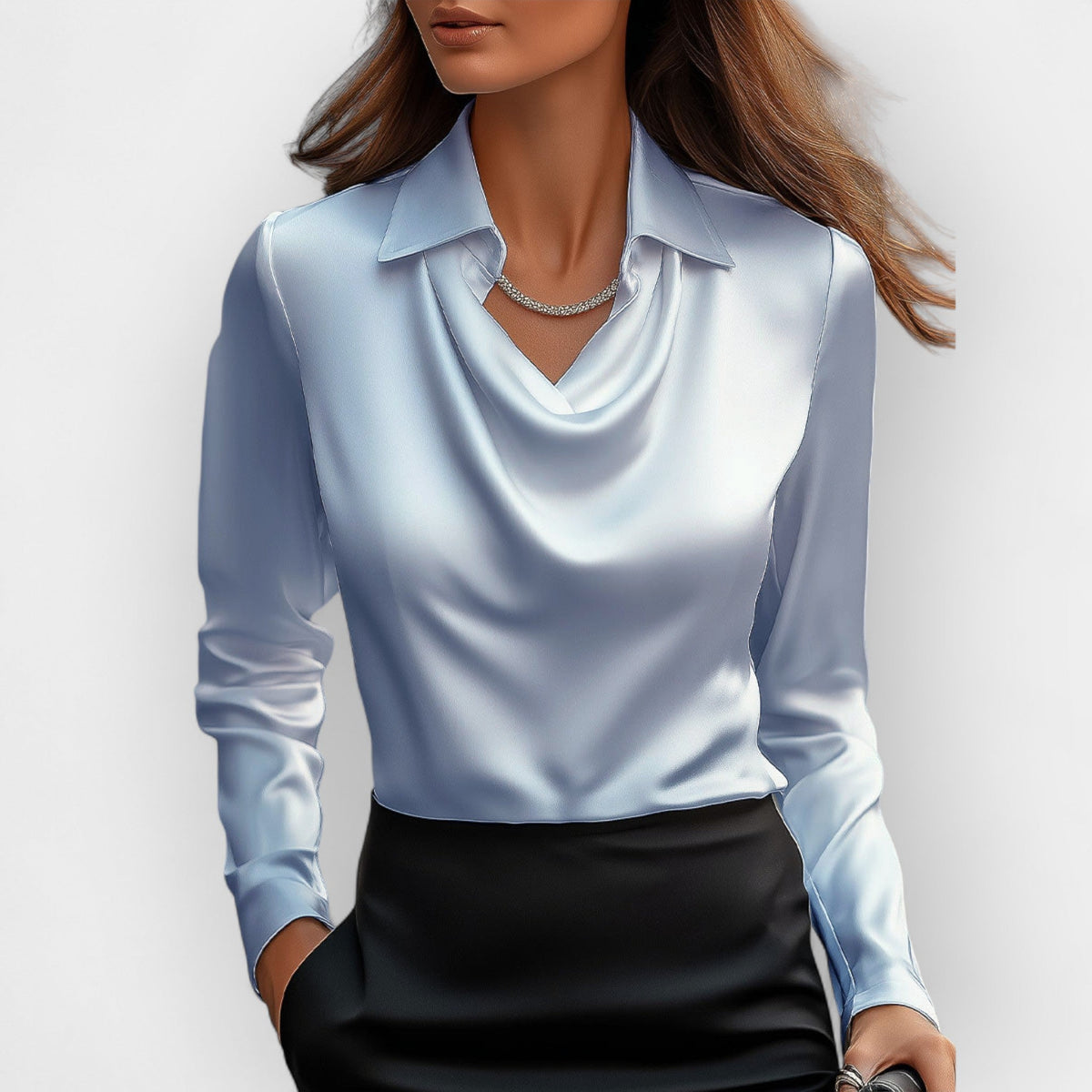 Bluse Damen | Wasserfallkragen & Edler Glanz 1