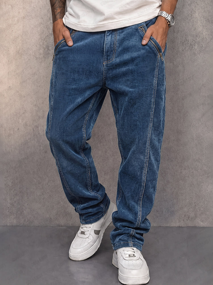Men's corduroy straight-leg pants shown from the front