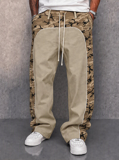 Men's camouflage patchwork casual pants shown from the front