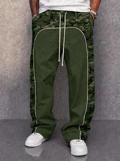 Men's camouflage patchwork casual pants displayed from the back