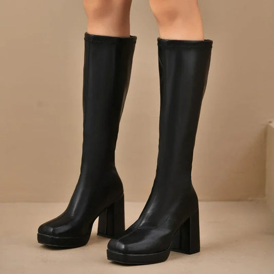 Overknee Stiefel Schwarz für Damen mit Plateau und klobigem Absatz