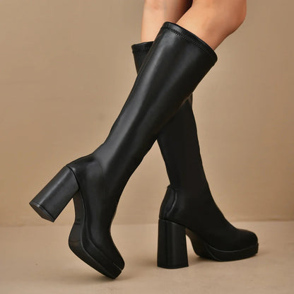 Overknee Stiefel Schwarz für Damen mit Plateau und klobigem Absatz