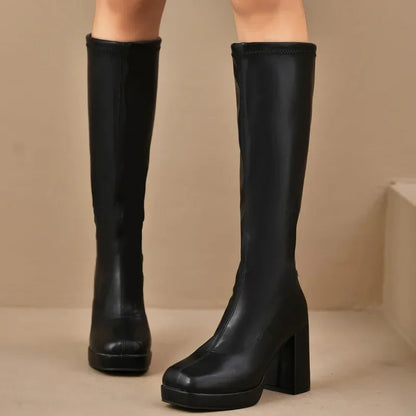 Overknee Stiefel Schwarz für Damen mit Plateau und klobigem Absatz