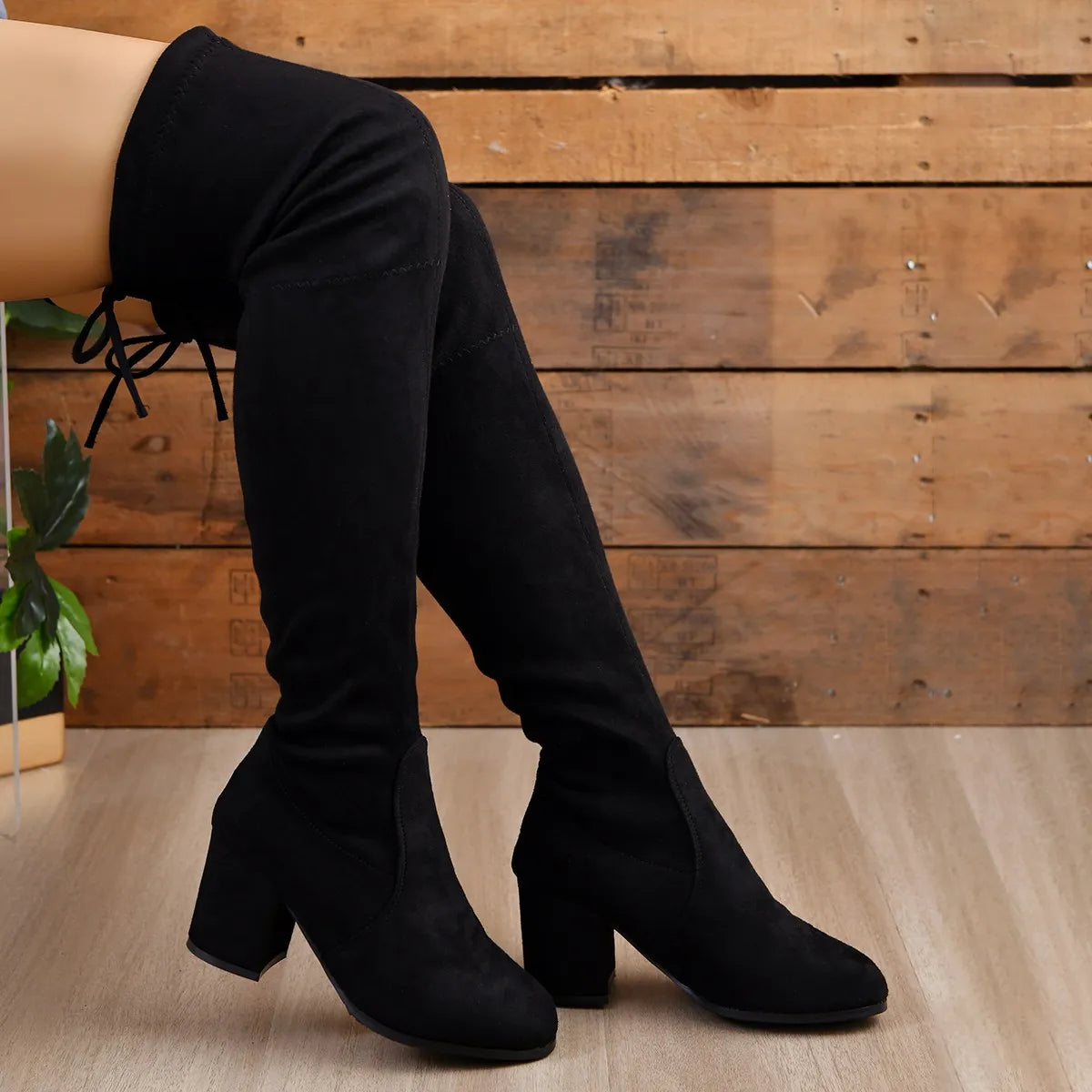 Overknee Stiefel Schwarz Kunstleder mit stabilem Blockabsatz