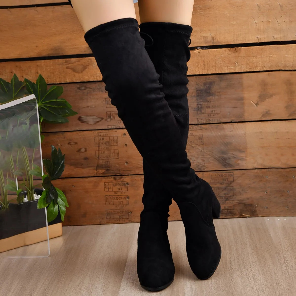 Overknee Stiefel Schwarz Kunstleder mit stabilem Blockabsatz