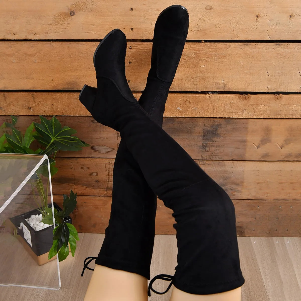 Overknee Stiefel Schwarz Kunstleder mit stabilem Blockabsatz