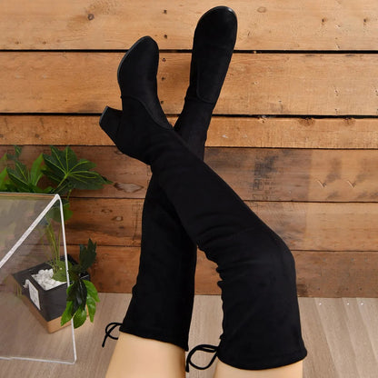 Overknee Stiefel Schwarz Kunstleder mit stabilem Blockabsatz